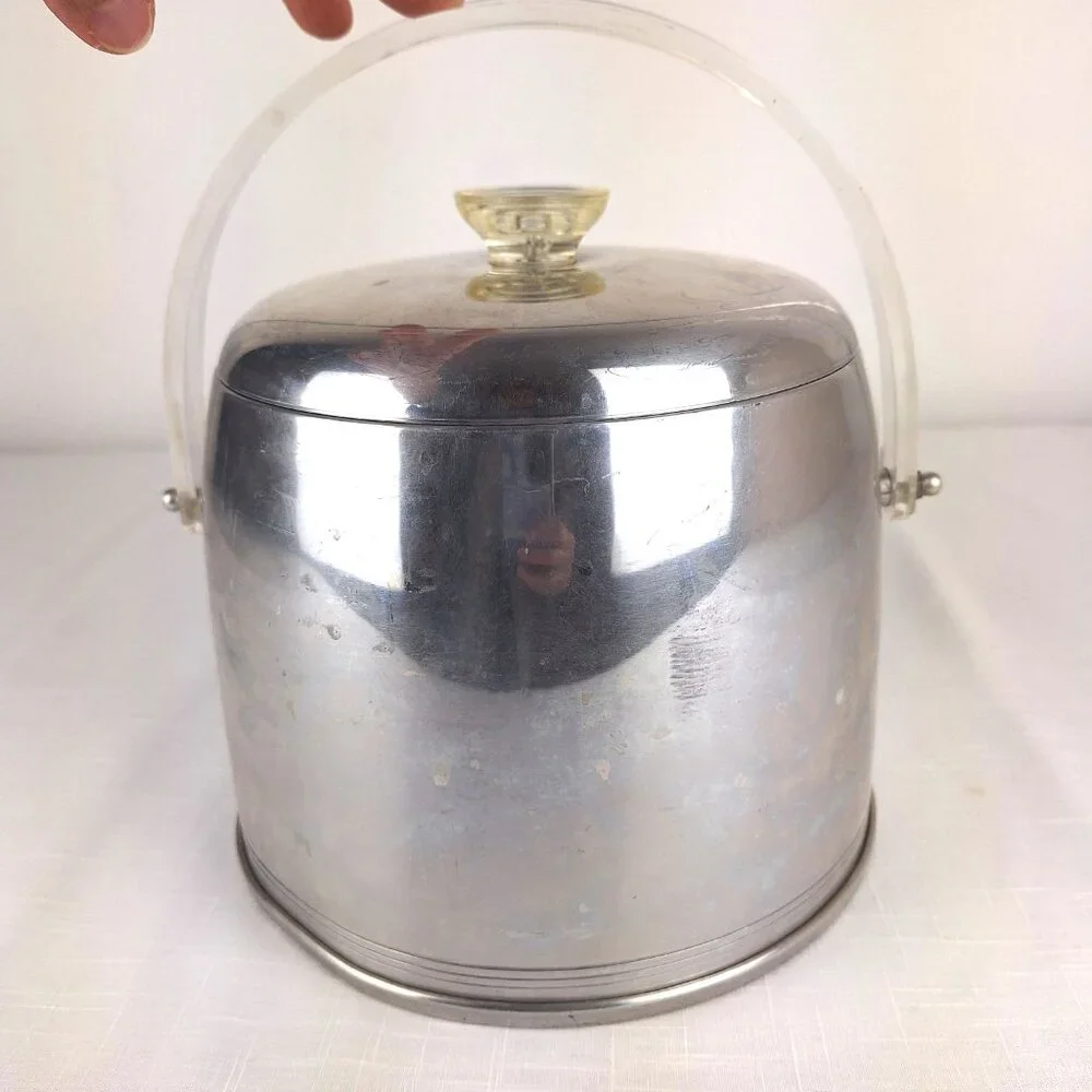 Vintage Kromex Ice Bucket Atomic Age Retro Aluminum 1950-60sClear Lucite Handle